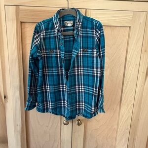 Duluth Trading Co Teal and Navy Plaid Shirt